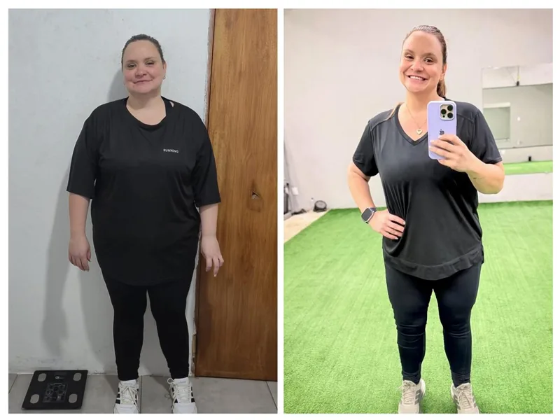 Comparativo antes e depois de aluna demonstrando emagrecimento e definição muscular